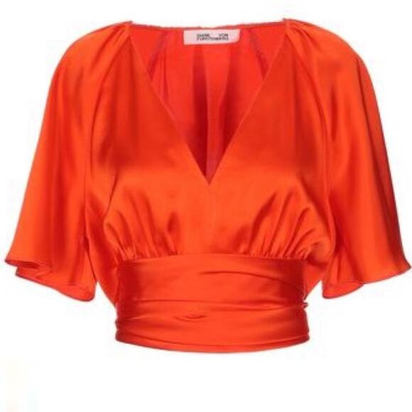 Diane Von Furstenburg orange satin plunge wrap crop blouse ASO Camilla Cabello - Picture 3 of 8